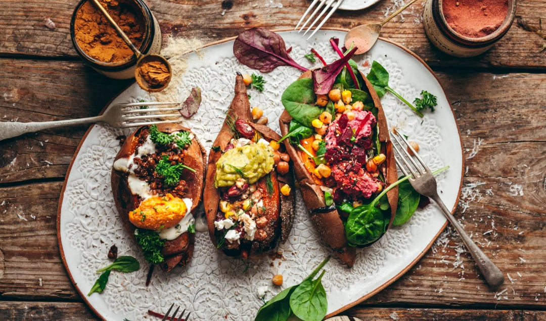 STUFFED SWEET POTATO with Beet Hummus and He Shou Wu